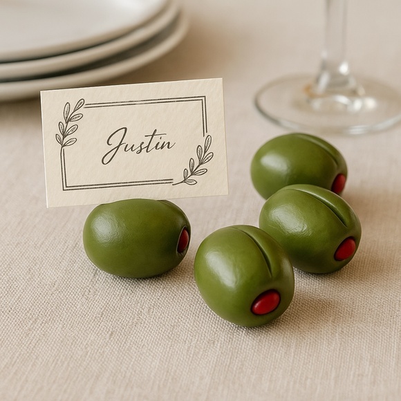 Olive Place Card Holders – Set of 4 | Martini Party Table Decor Hand Sculpted - Picture 5 of 12
